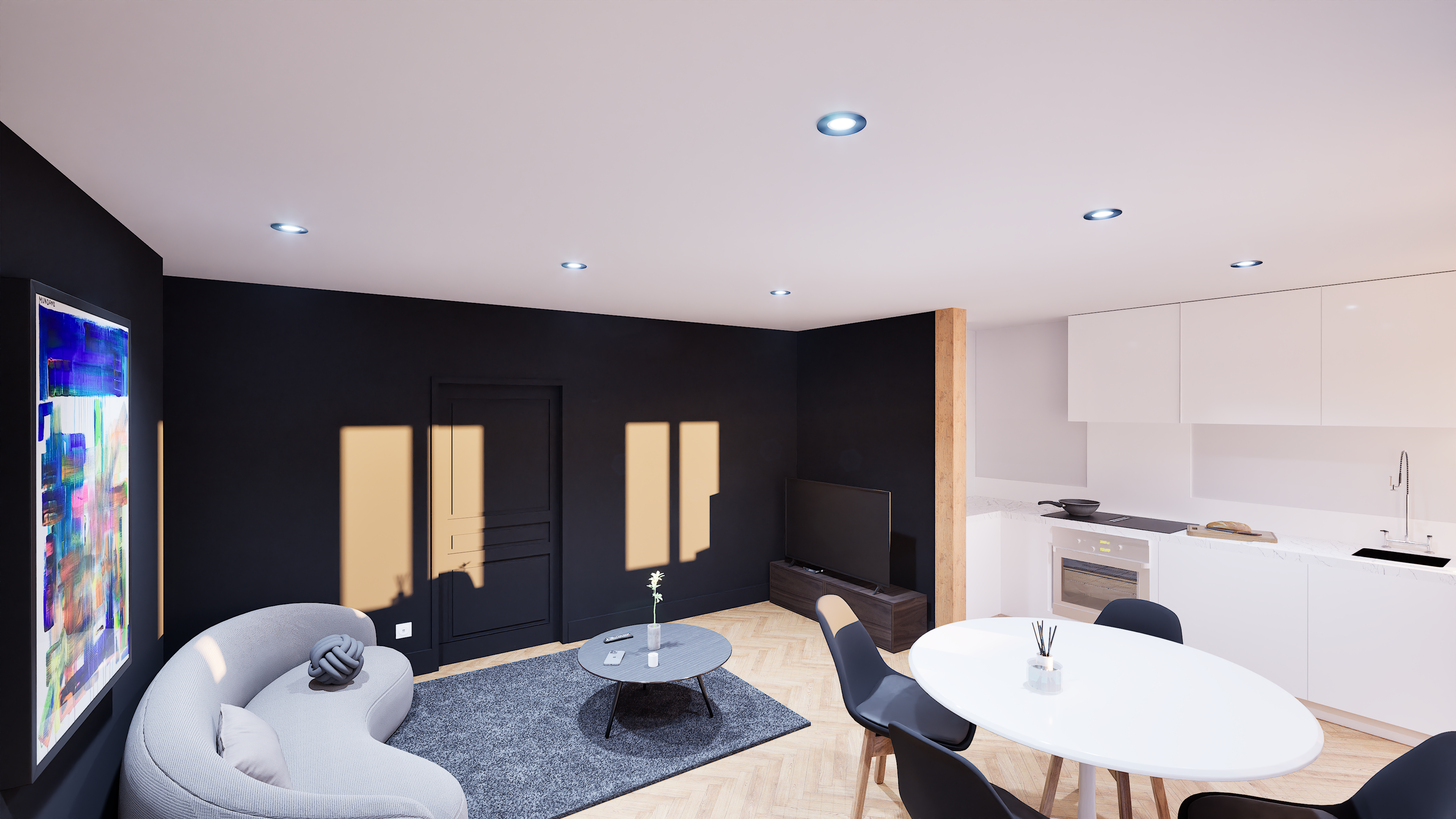 Rendu 3D photoréaliste d'un intérieur moderne avec éclairage naturel